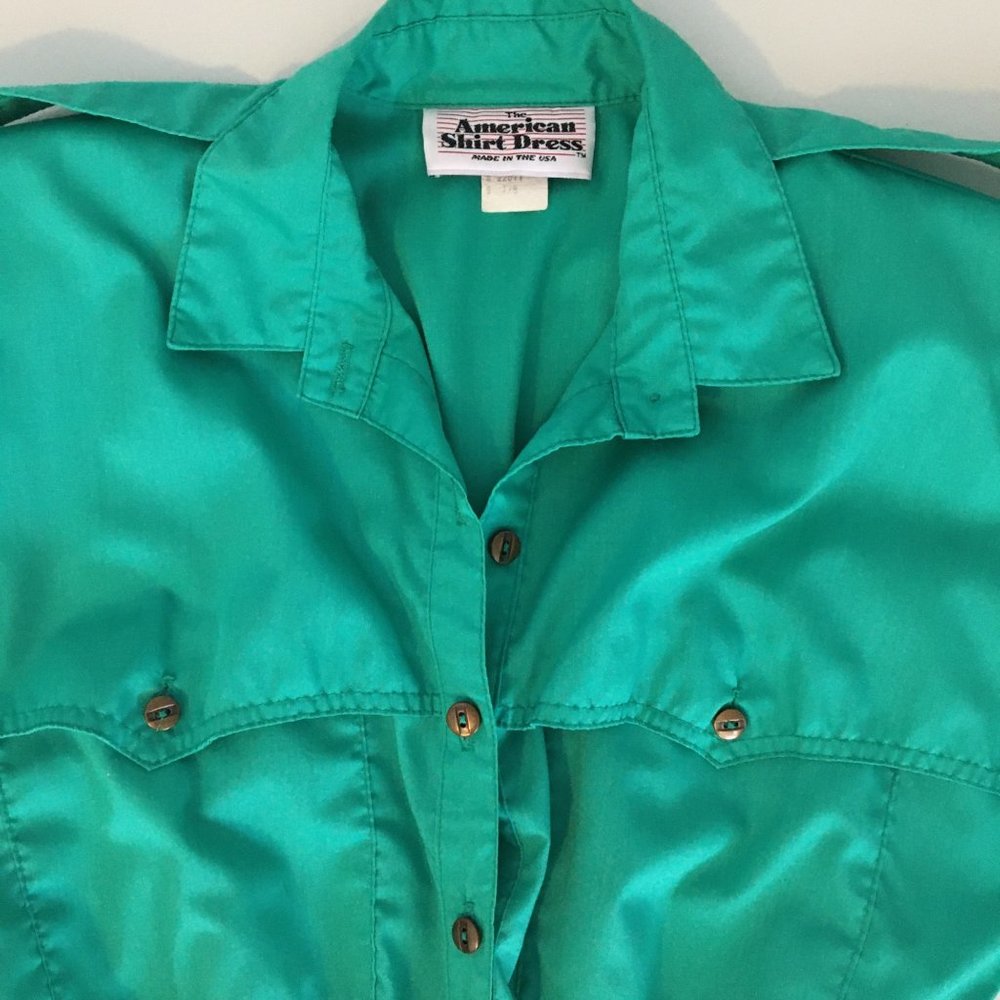 Vintage 80s Day Dress, Green Shirt Dress, Vintage Dress with Pockets Size Medium - Picture 4 of 14